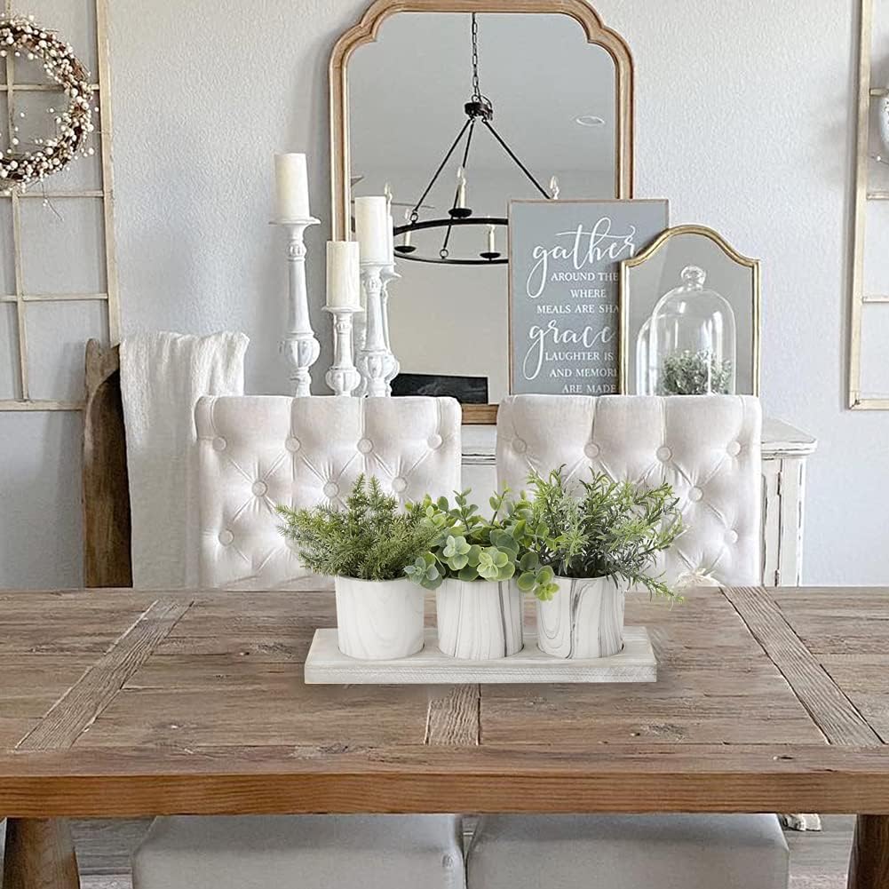 3 Pack Mini Potted Fake Plants Artificial Eucalyptus Rosemary with Wooden Tray Dusty Green Home Decor