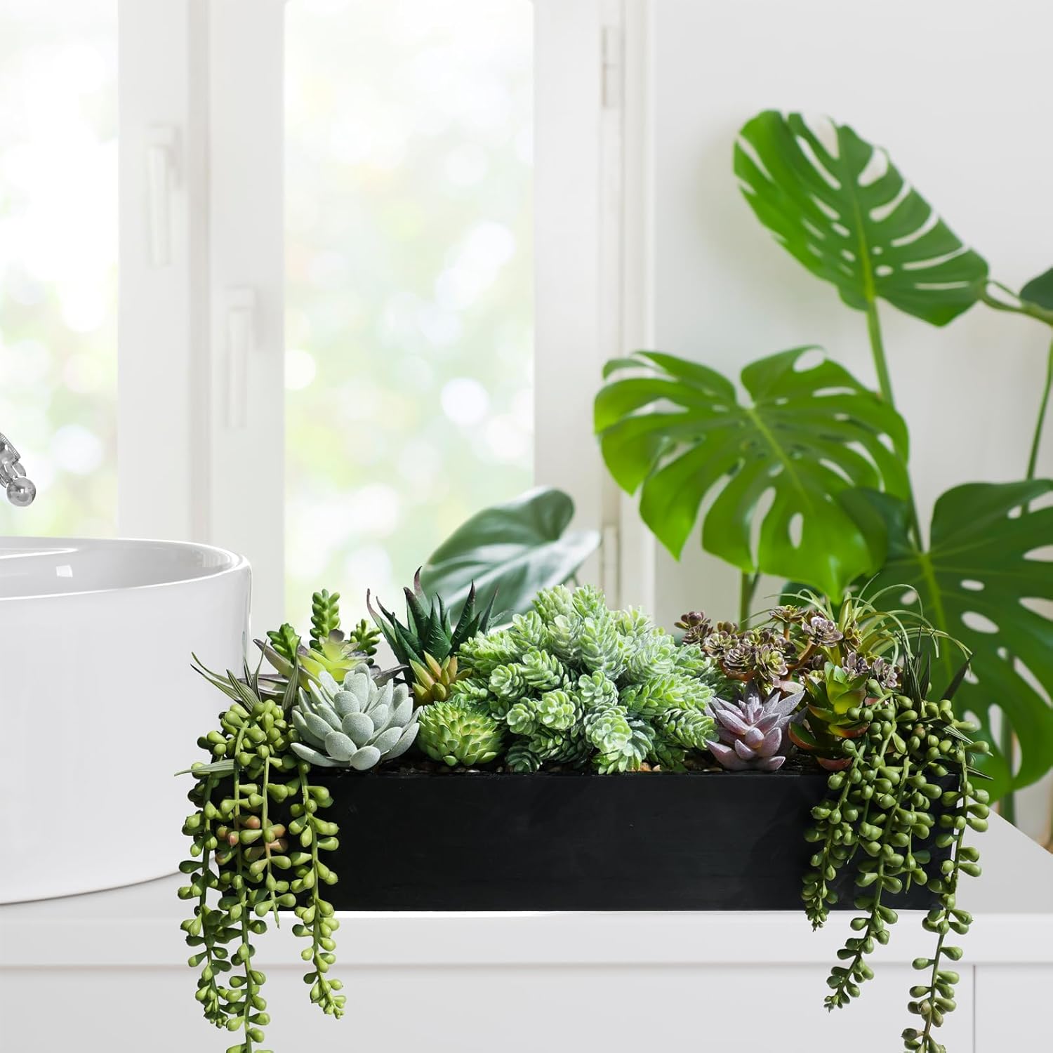 Winlyn 15 Inch Artificial Succulent Arrangement in Rustic Black Wooden Planter