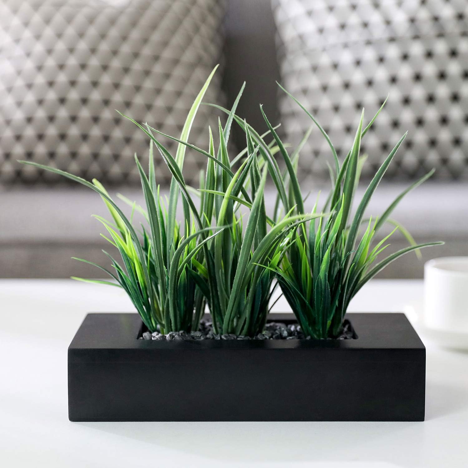 MyGift Artificial Green Grass Plants in Matte Black Wooden Planter