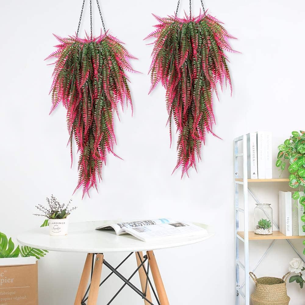 RECUTMS 4 Pcs Artificial Hanging Boston Ferns Plants Faux Greenery Wall Decor for Indoor Outdoor Garden Wedding Pink