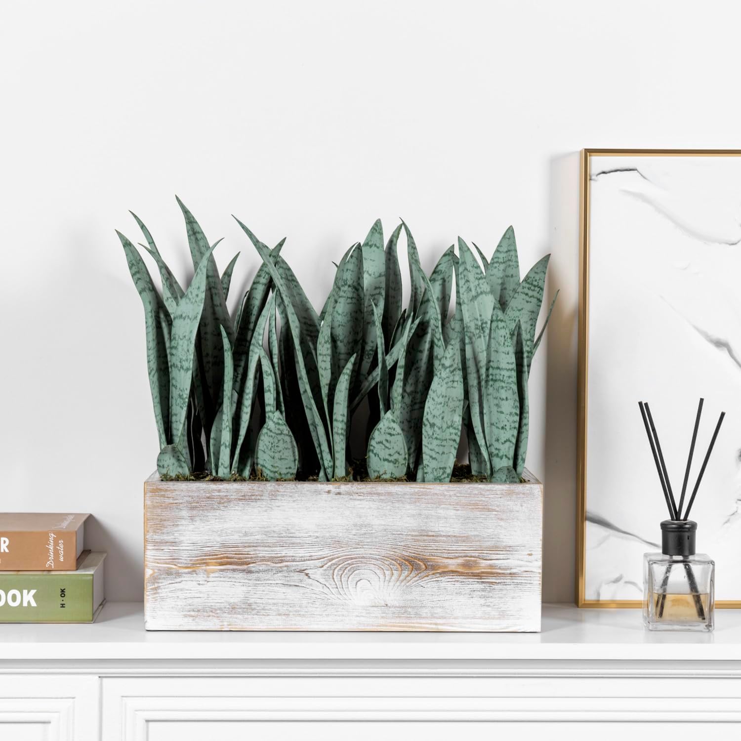 MyGift 15-Inch Artificial Snake Plant Centerpiece in White Wood Planter