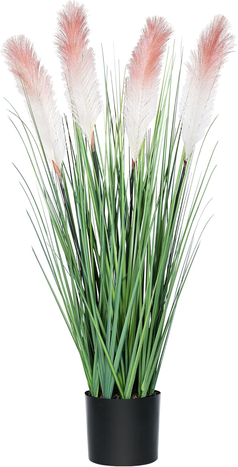 33 Inch Tall Artificial Reed Pampas Grass Plant with Black Pot Pink Beige