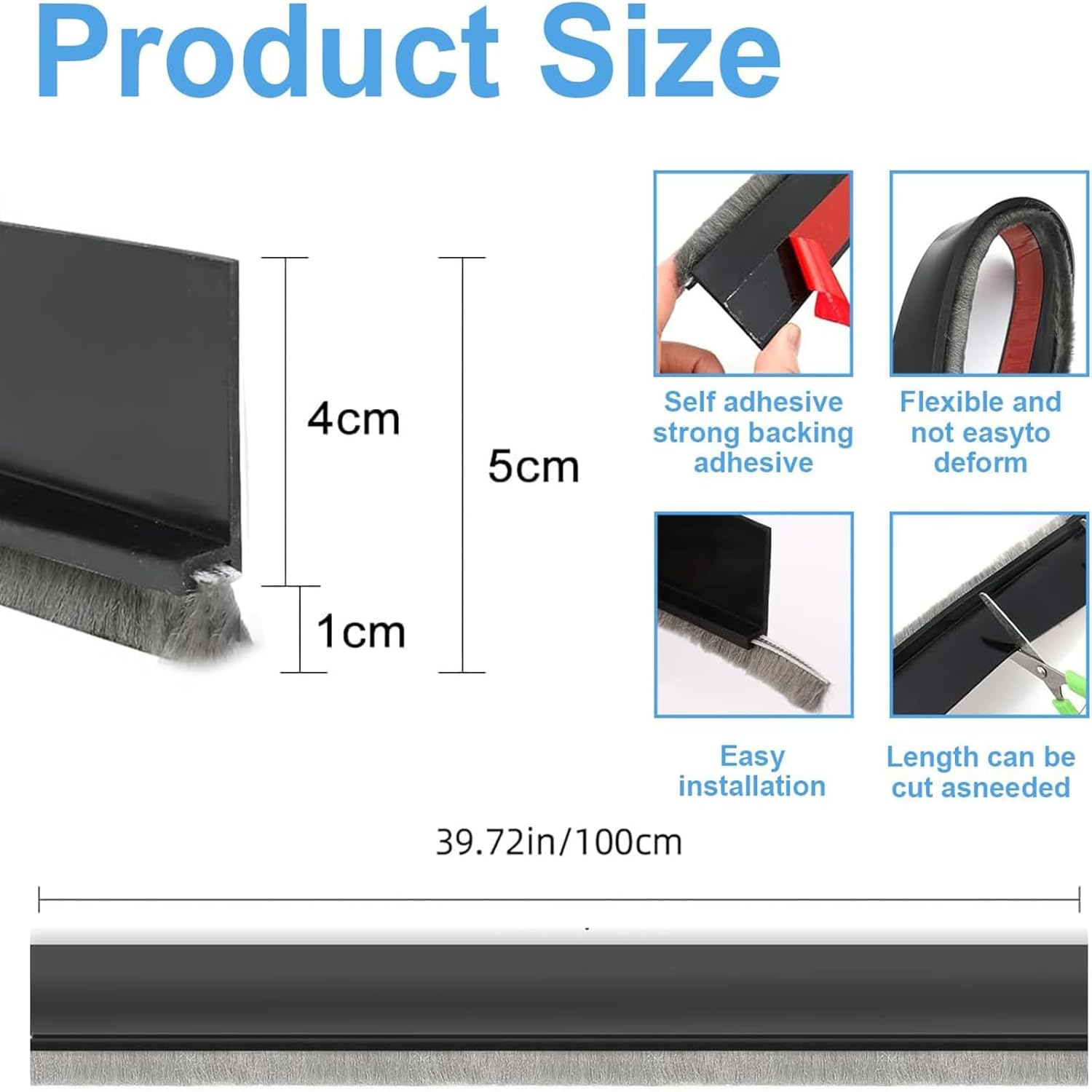 39 Inch Door Draft Stopper with Brush - Black