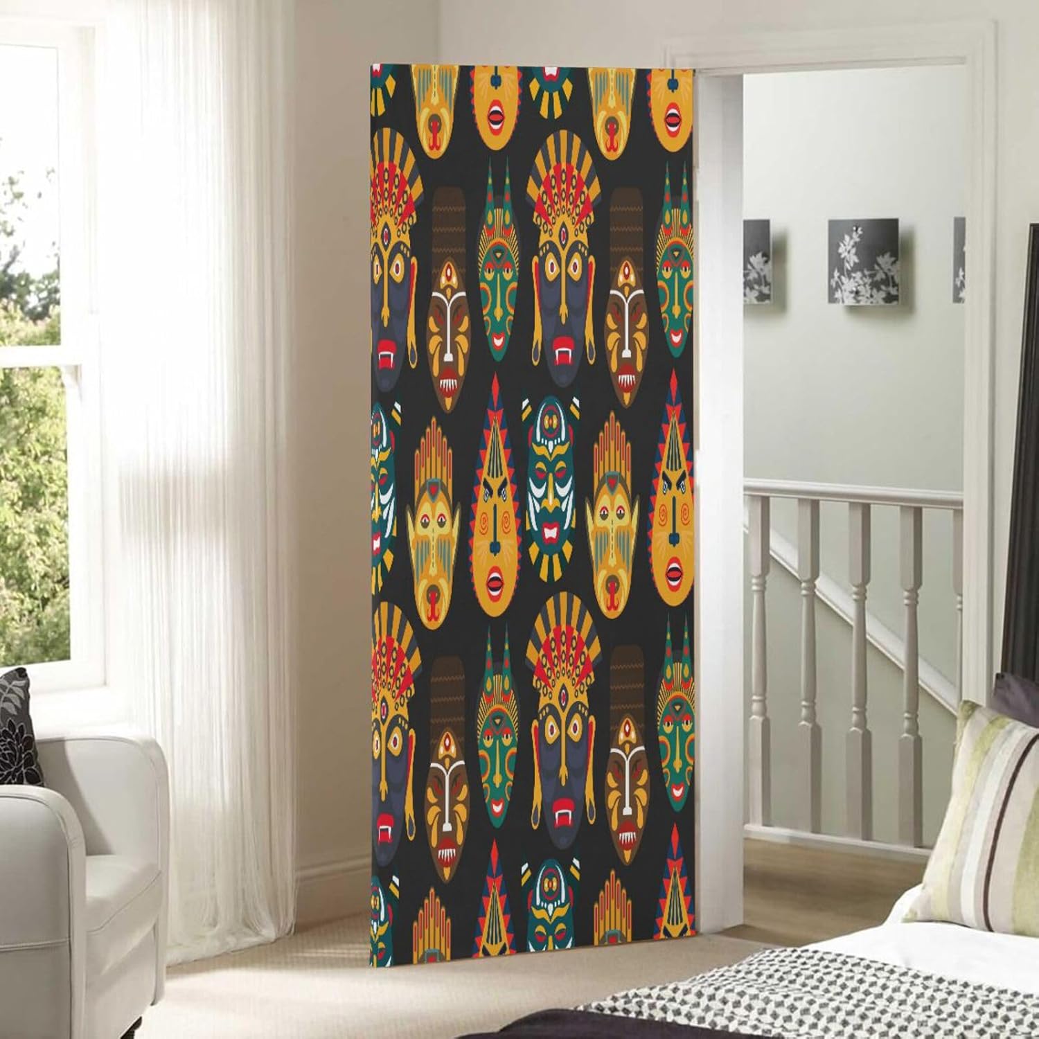 Susiyo Ethnic Masks Halloween Door Cover Stretch Fabric Door Decoration for Home Party