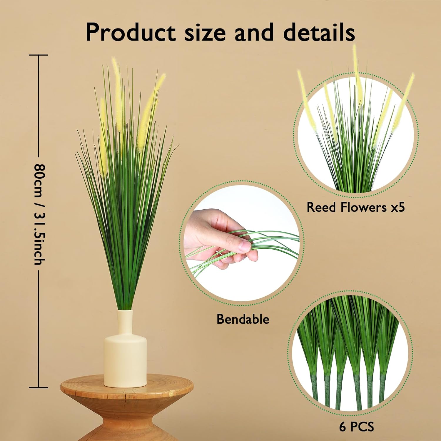 32 Inch Tall Foxtail Reed Artificial Plant 6 Pack UV Resistant Indoor Outdoor Decor