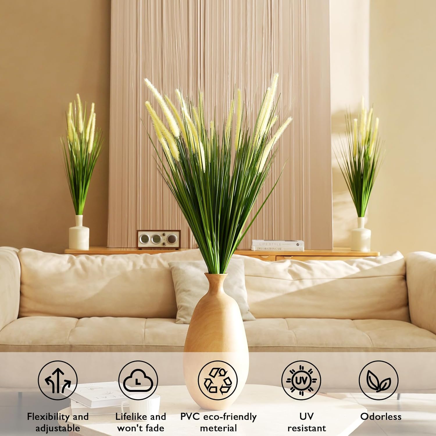 32 Inch Tall Foxtail Reed Artificial Plant 6 Pack UV Resistant Indoor Outdoor Decor