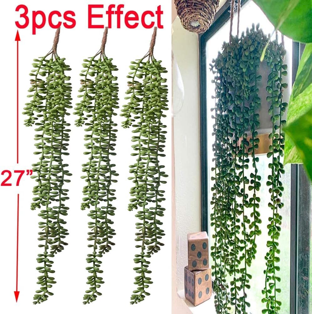 HANDIC 3 Pack Artificial String of Pearls Plants Green Hanging Decor