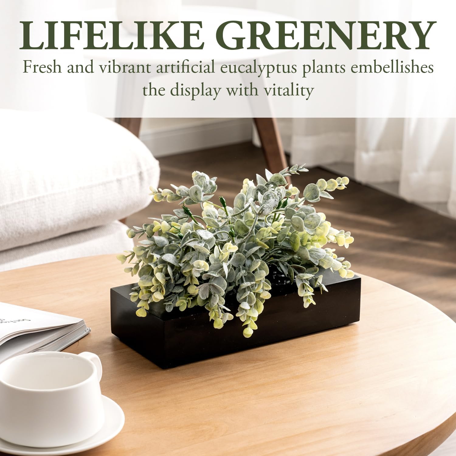 MyGift Artificial Eucalyptus Plant in Black Wood Planter