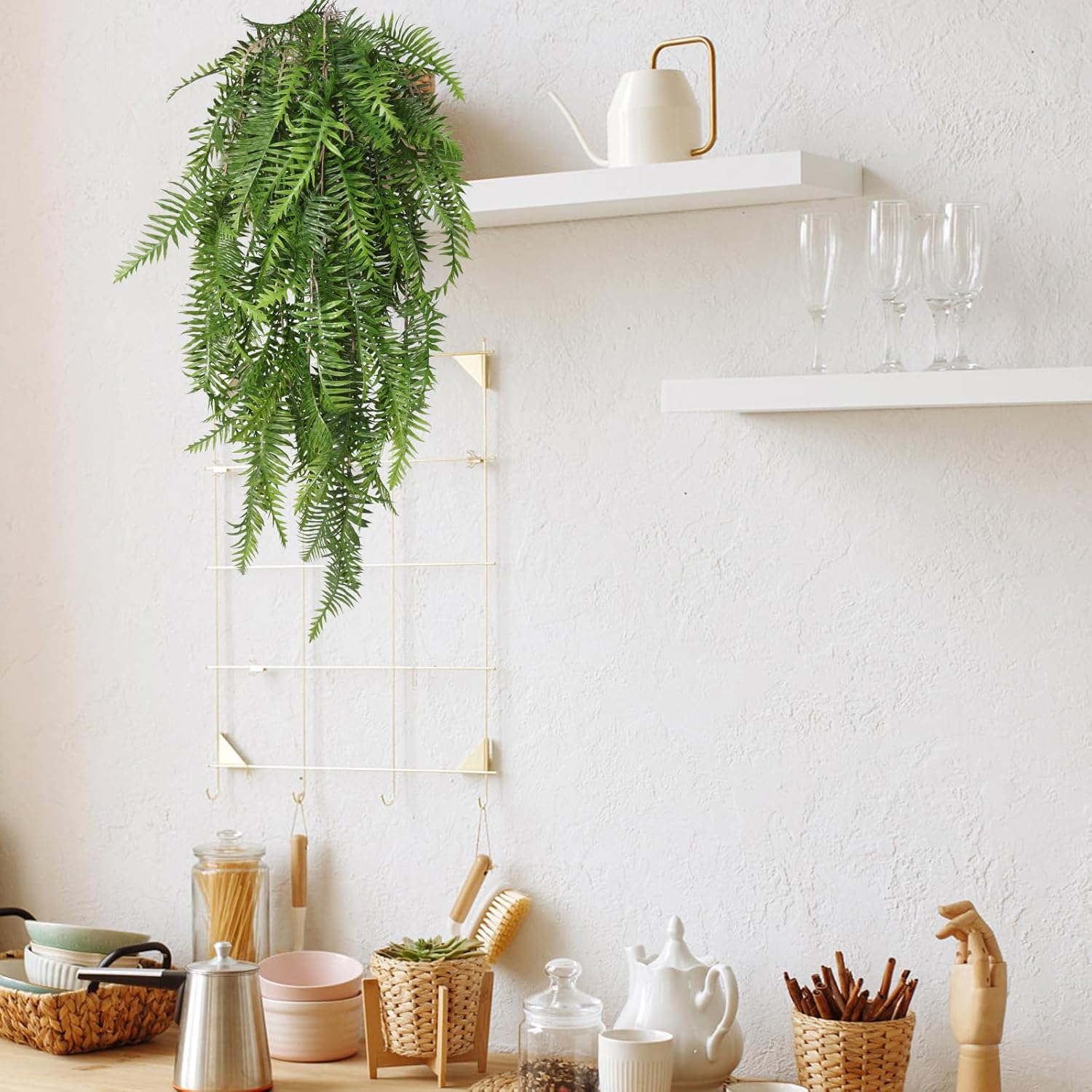 RECUTMS Artificial Hanging Ferns 2 Pack Green UV Resistant Faux Greenery Plastic Garland for Indoor Outdoor Decorations