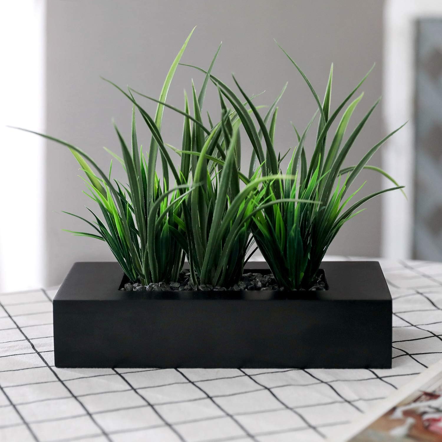 MyGift Artificial Green Grass Plants in Matte Black Wooden Planter