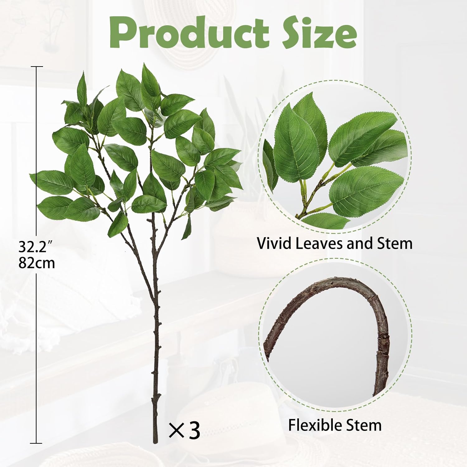 Artificial Camellia Leaf Stems 3PCS for Vase Decor