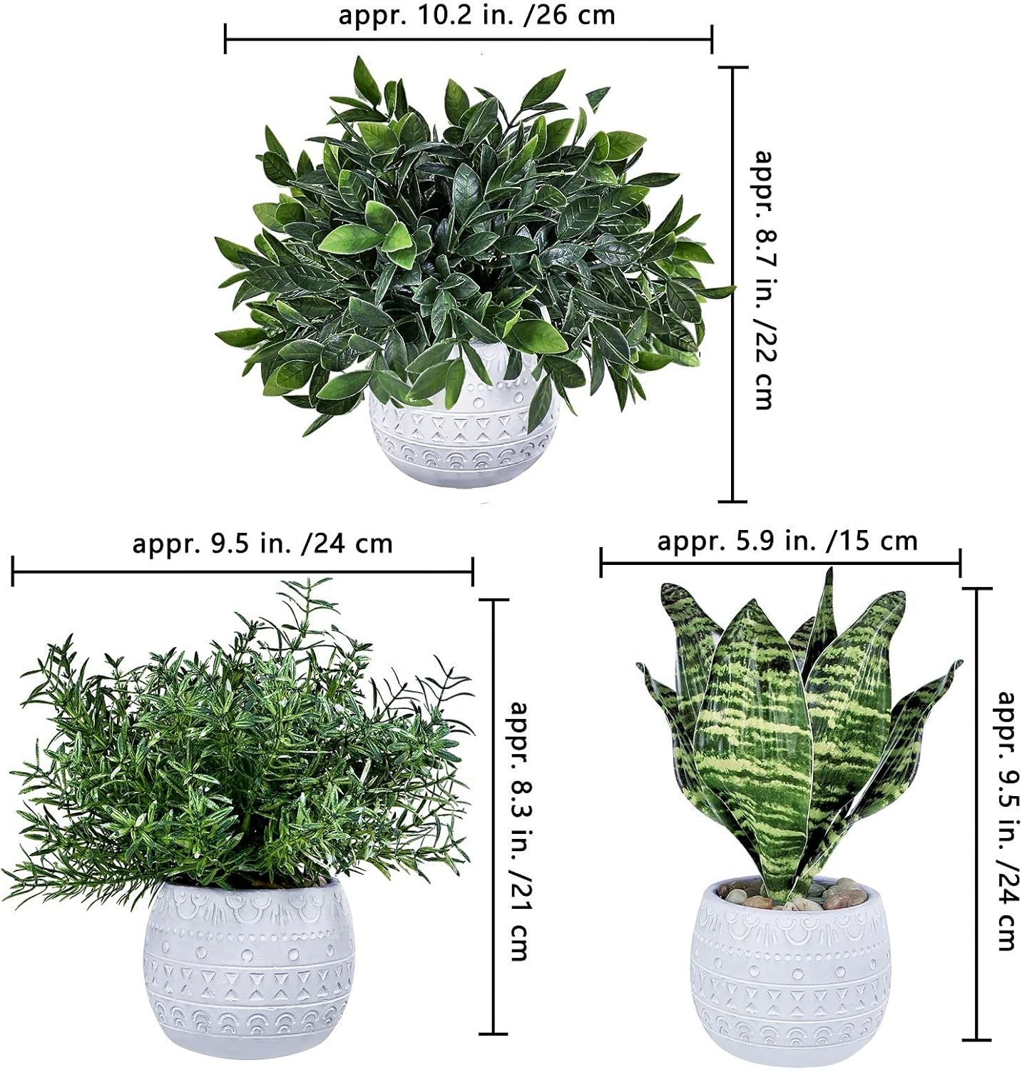 Winlyn 3-Piece Artificial Plant Set - Eucalyptus Rosemary Tropical Snake Plant with White Geometric Pots