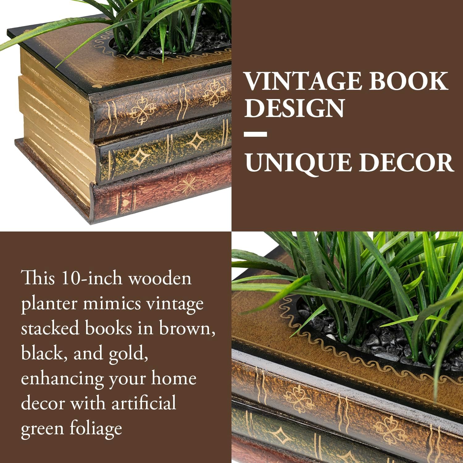 MyGift 10 Inch Vintage Book Stacked Wood Planter