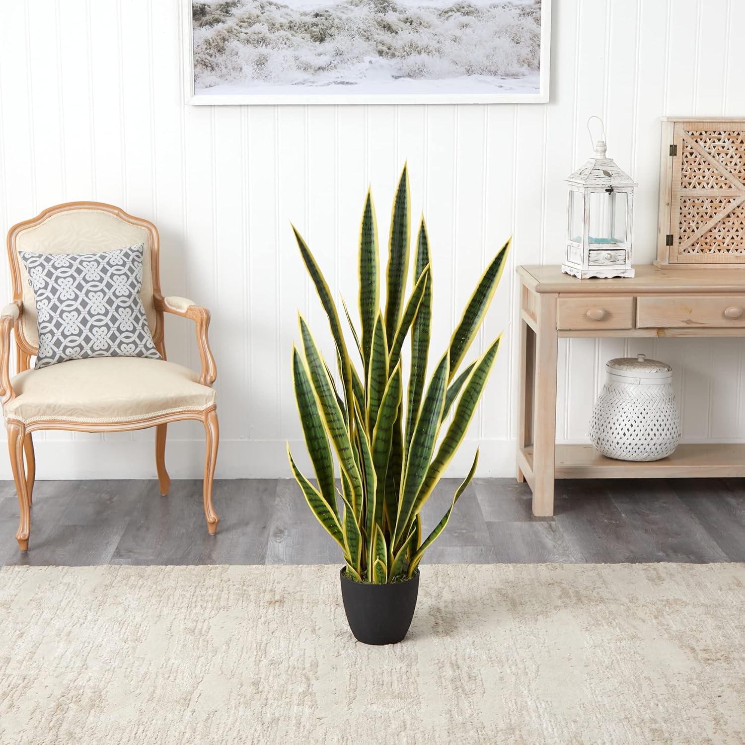Nearly Natural 4-ft Artificial Snake Plant in Black Planter
