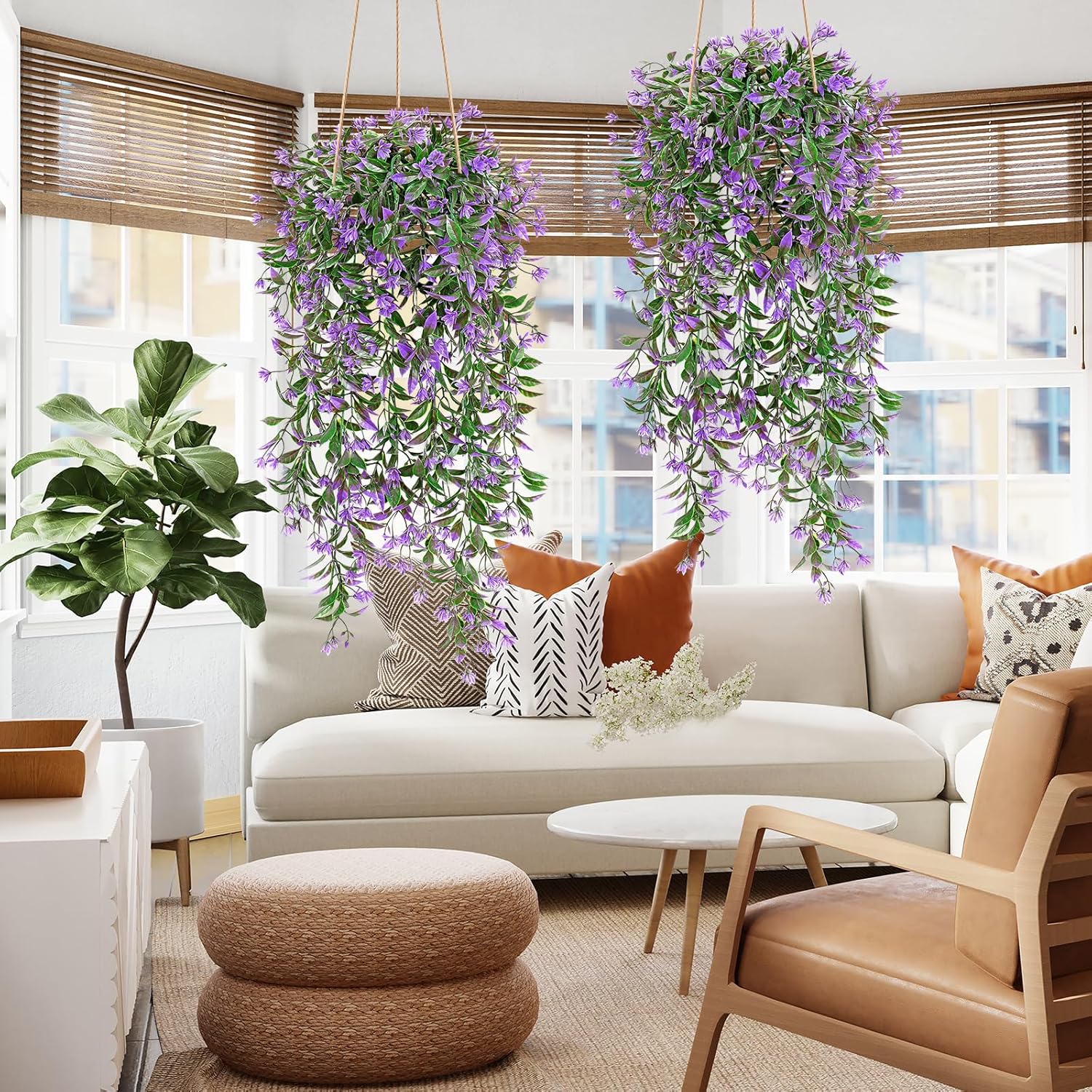 TOCHGREEN 4Pcs Artificial Hanging Plants with Purple Flowers