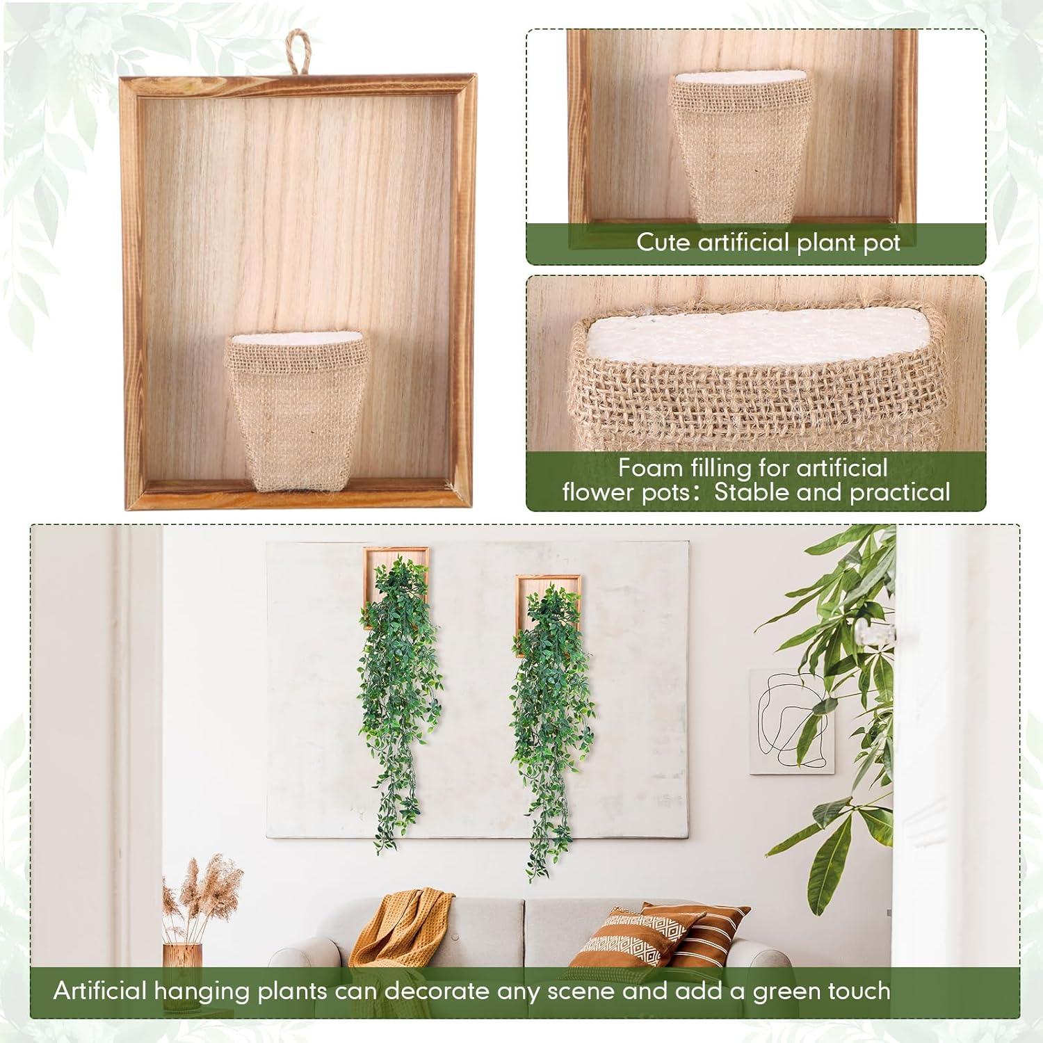 2 Pack Artificial Hanging Mandala Plants with Wooden Frames