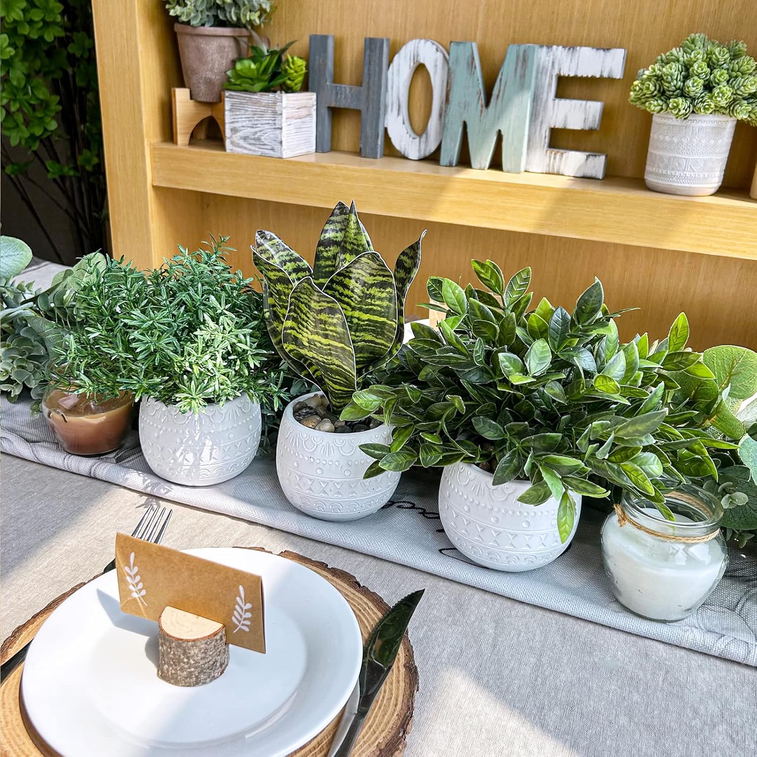 Winlyn 3-Piece Artificial Plant Set - Eucalyptus Rosemary Tropical Snake Plant with White Geometric Pots