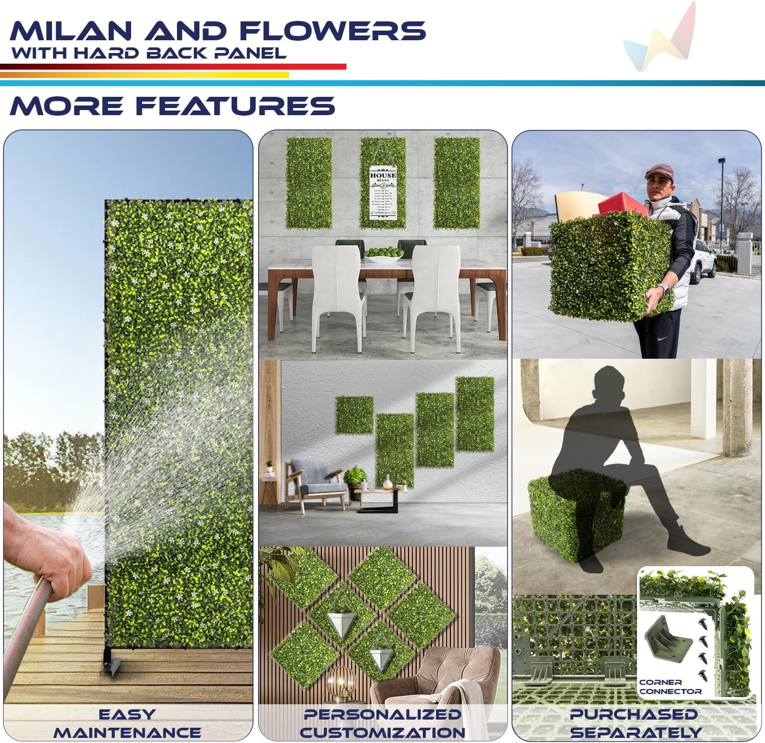 5 Packs 18x18 Artificial Plant Panels with Hard Back Faux Greenery Wall Decor