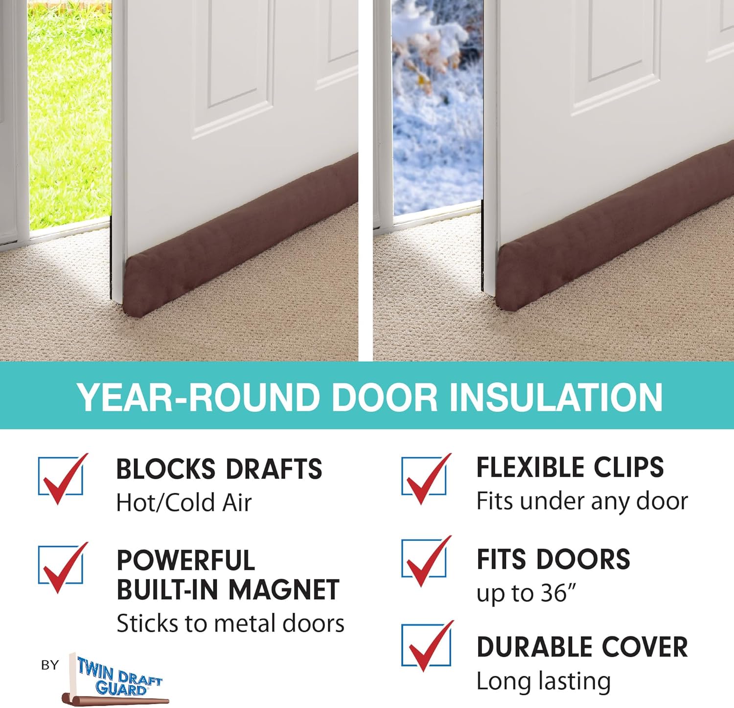 StayPut Door Draft Stopper Insulating Device 2 Ways - 36 Inch Brown