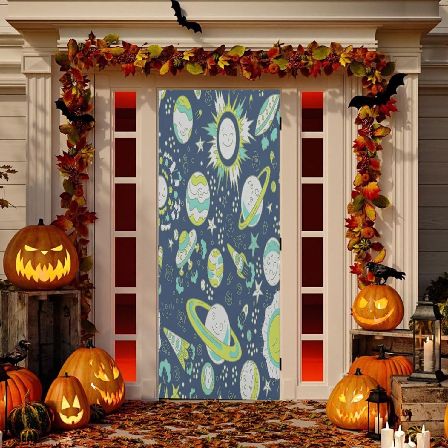 Susiyo Space Seamless Halloween Door Cover Stretch Fabric Backdrop for Home Parties and Holidays