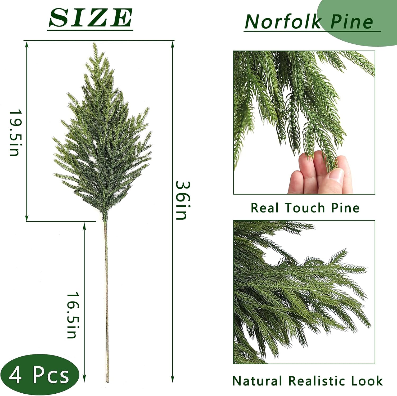 FOTEEWL Real Touch Norfolk Pine Branch - 4 Pcs 36 Artificial Christmas Decorations