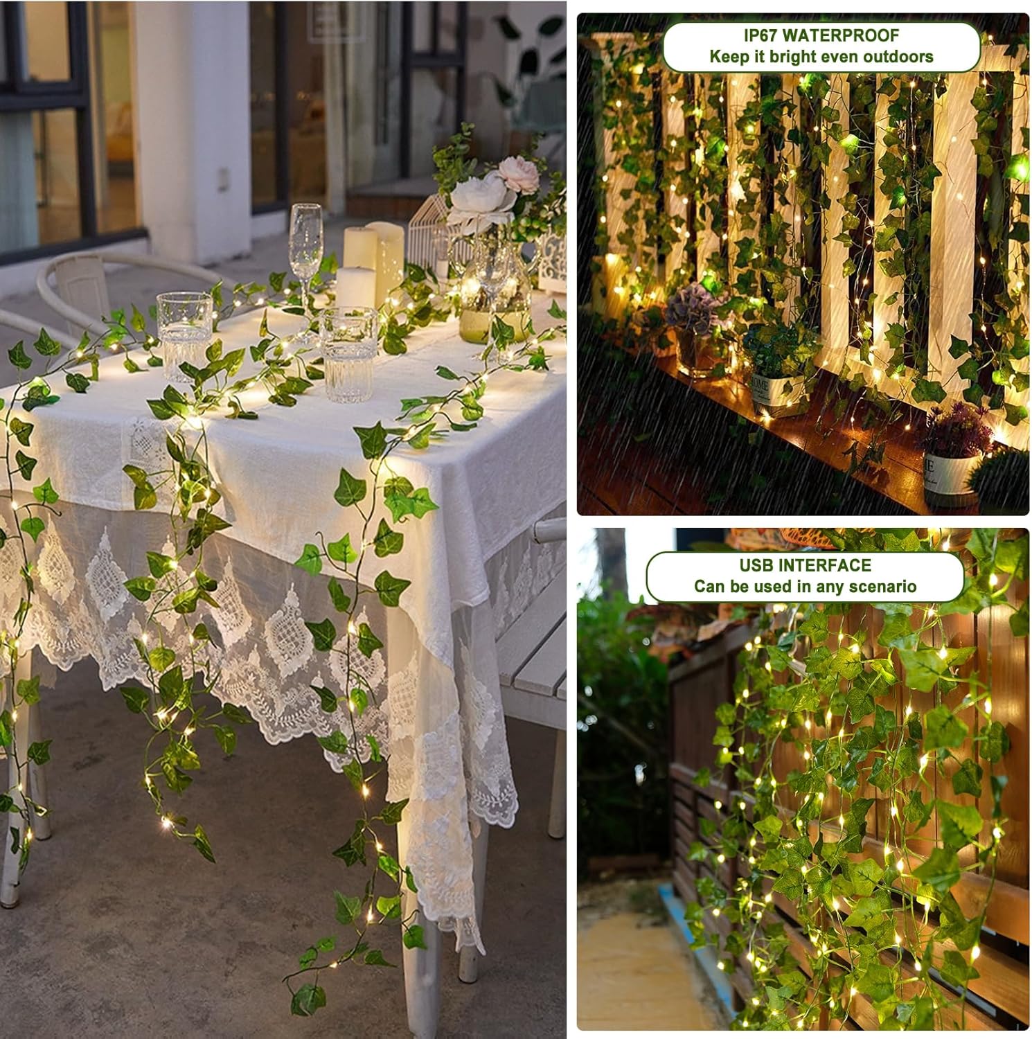 HXWEIYE 12 Pack Artificial Ivy Garland with 200LED String Light