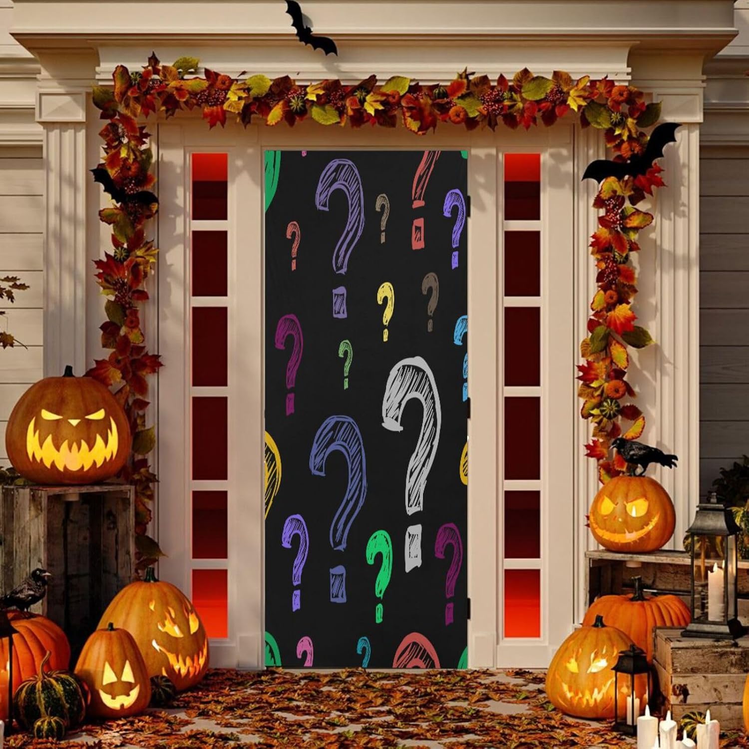 Susiyo Color Question Marks Halloween Door Cover Stretch Fabric Door Decoration for Home Party and Holiday
