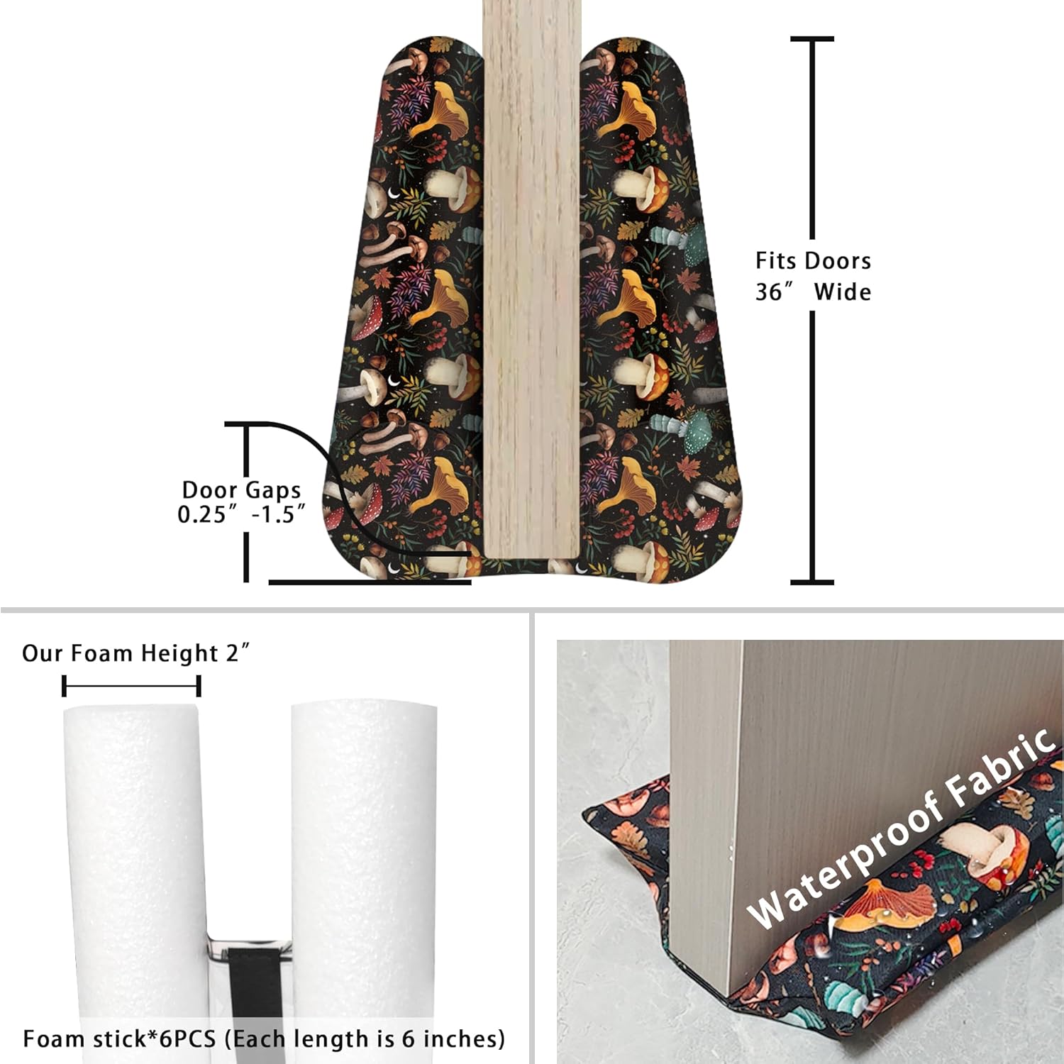 Adjustable 36 Inches Door Draft Stopper - Mushroom Black