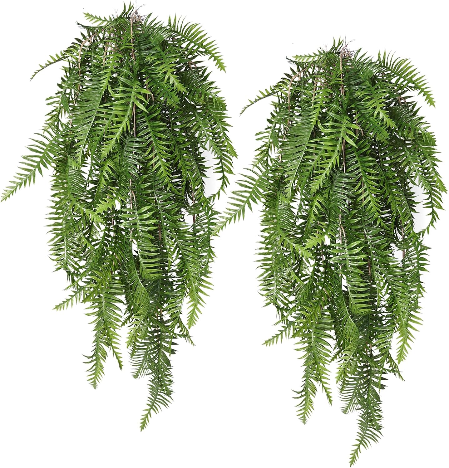 RECUTMS Artificial Hanging Ferns 2 Pack Green UV Resistant Faux Greenery Plastic Garland for Indoor Outdoor Decorations