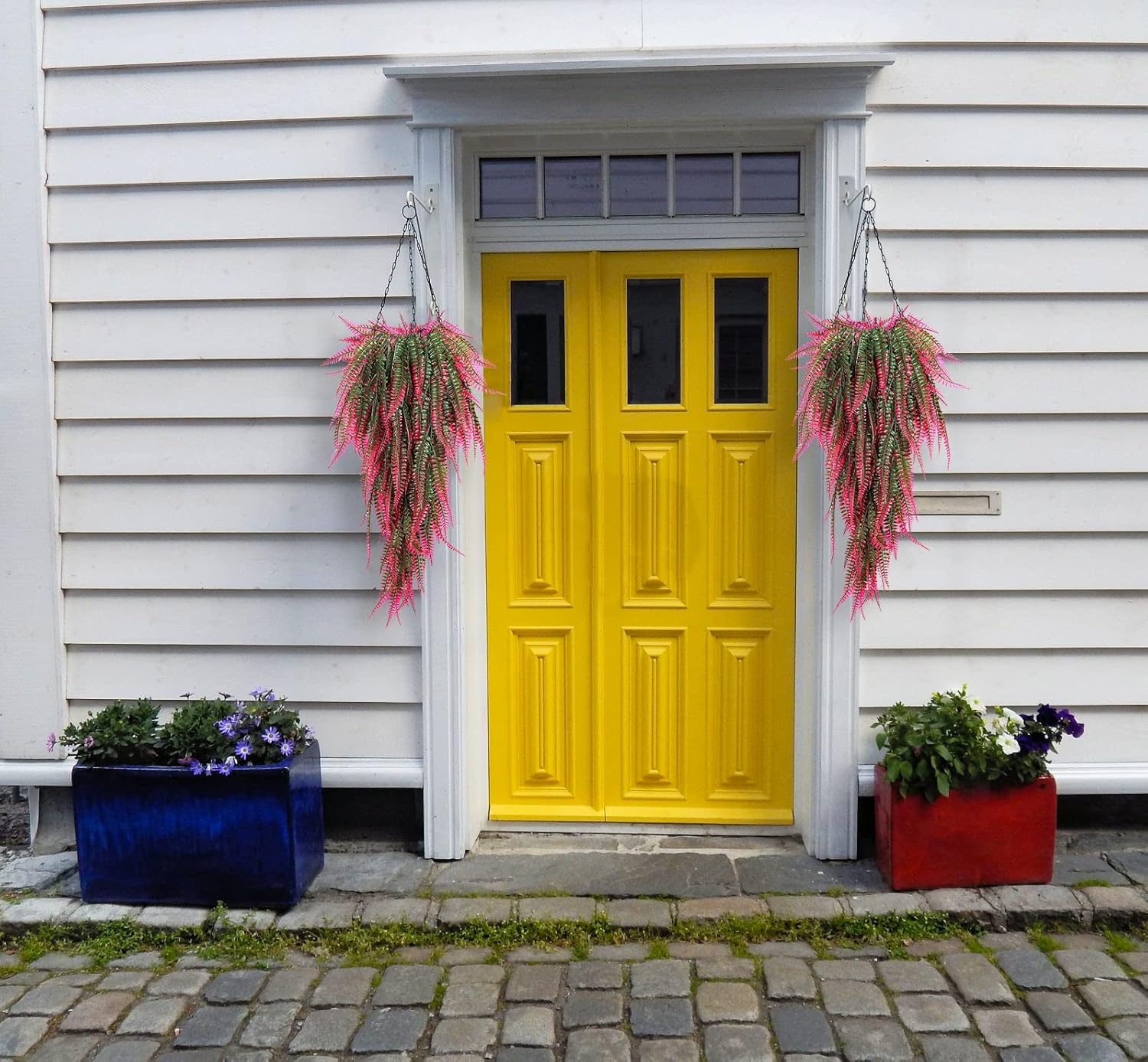 RECUTMS 4 Pcs Artificial Hanging Boston Ferns Plants Faux Greenery Wall Decor for Indoor Outdoor Garden Wedding Pink