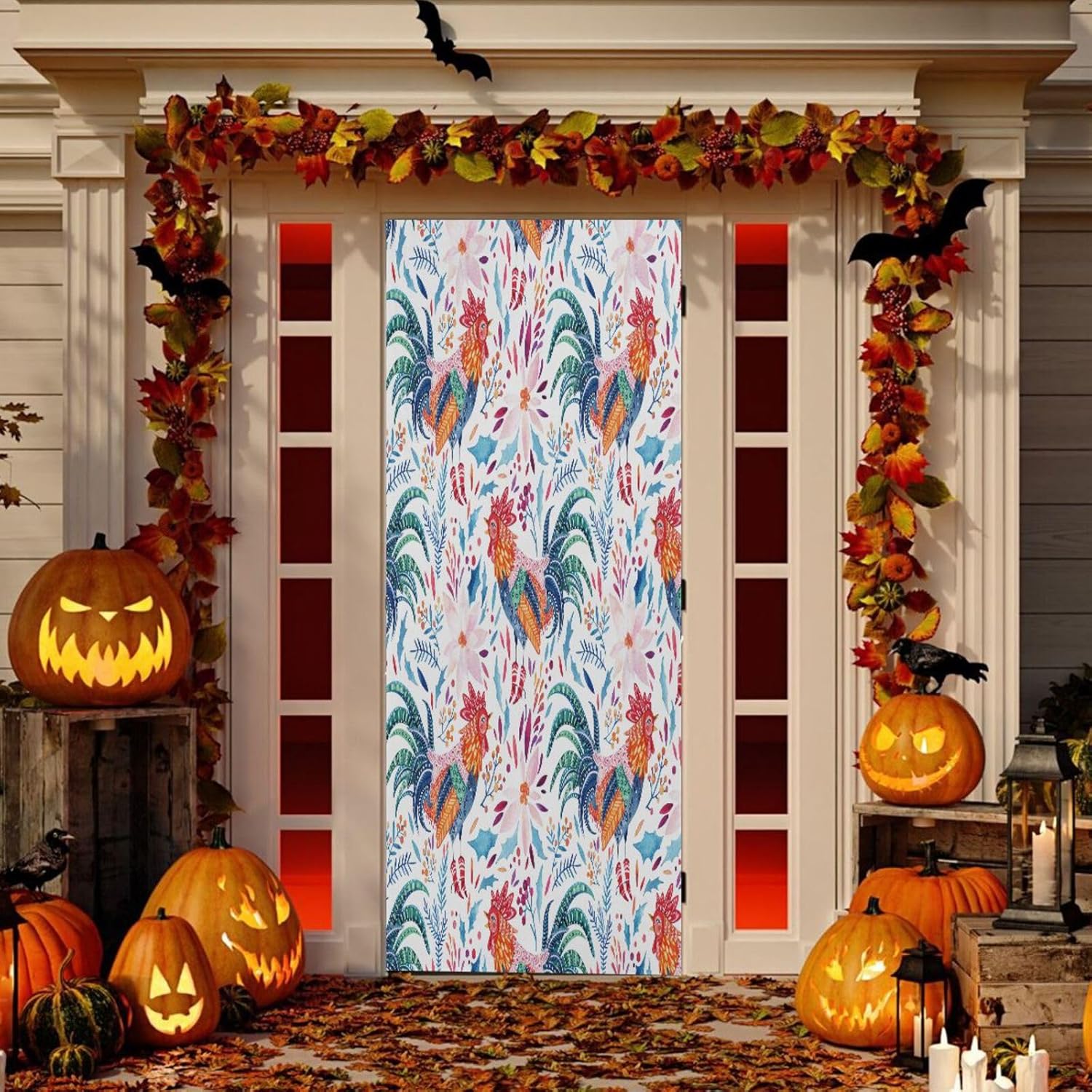Susiyo Festive Rooster Door Cover for Halloween Stretch Fabric Door Decoration 32x79 in