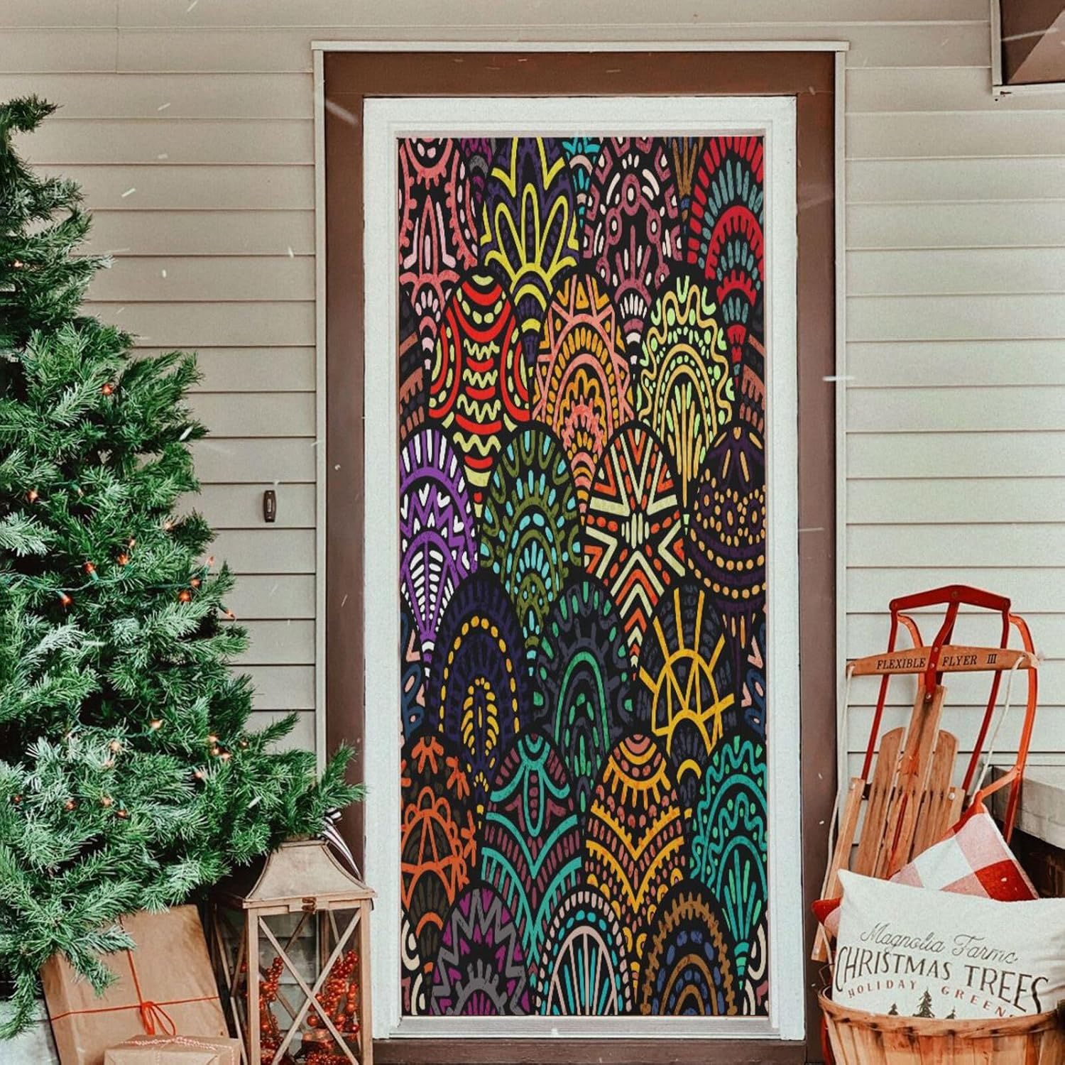 Susiyo Christmas Door Cover with Tribal Motifs Stretch Fabric Decor