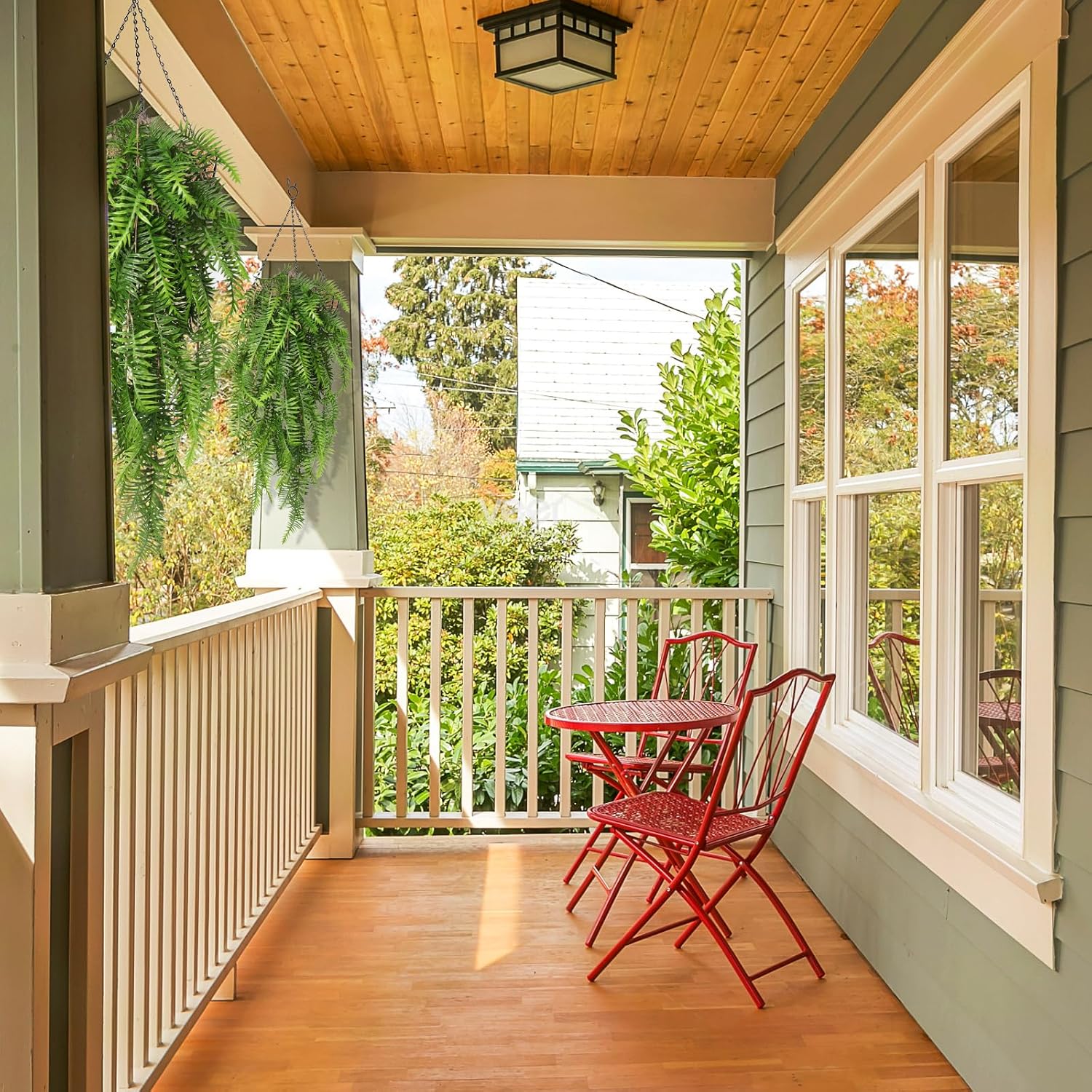 RECUTMS Artificial Hanging Ferns 2 Pack Green UV Resistant Faux Greenery Plastic Garland for Indoor Outdoor Decorations