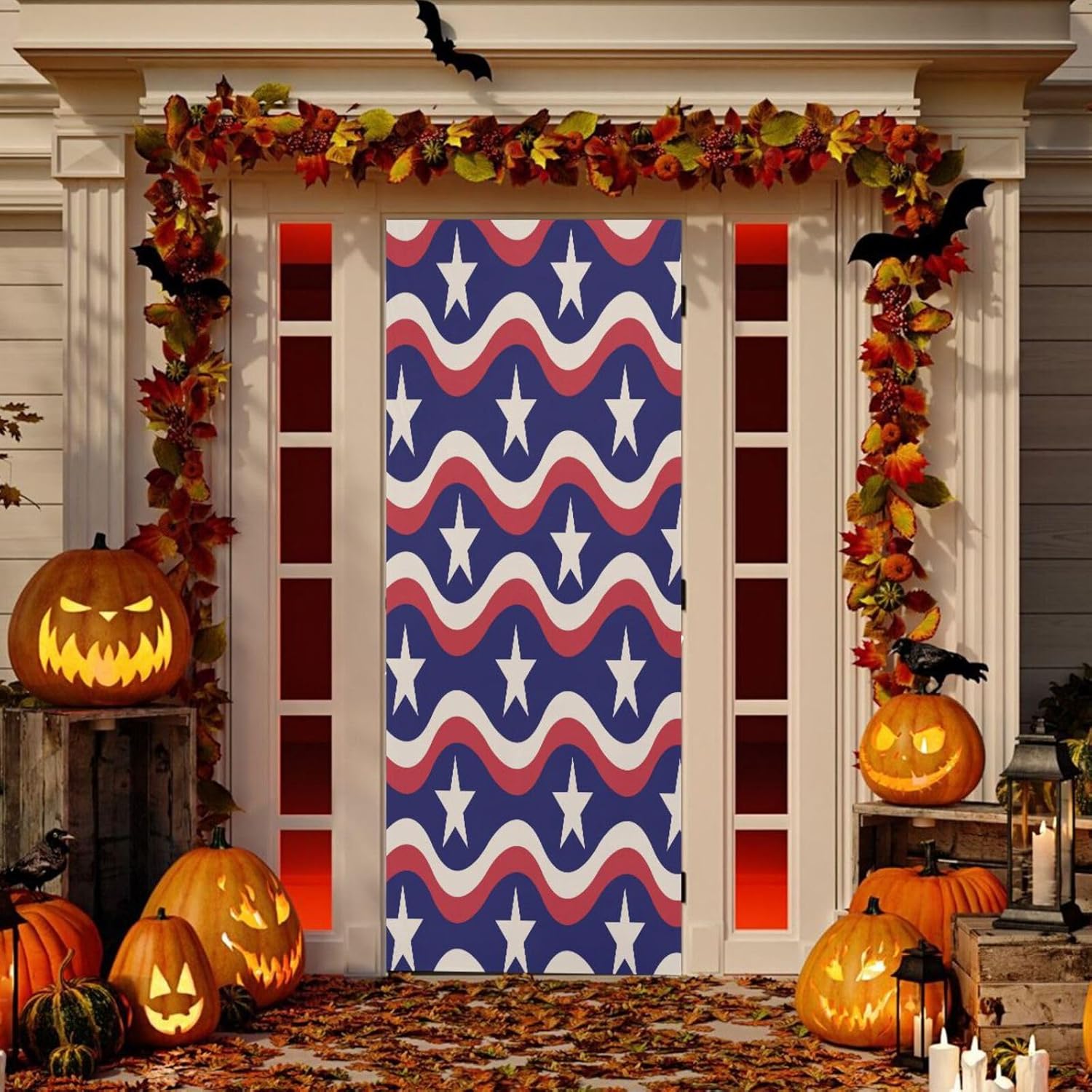 Susiyo Fag White Stars Halloween Door Cover Stretch Fabric Backdrop for Home Party Decoration
