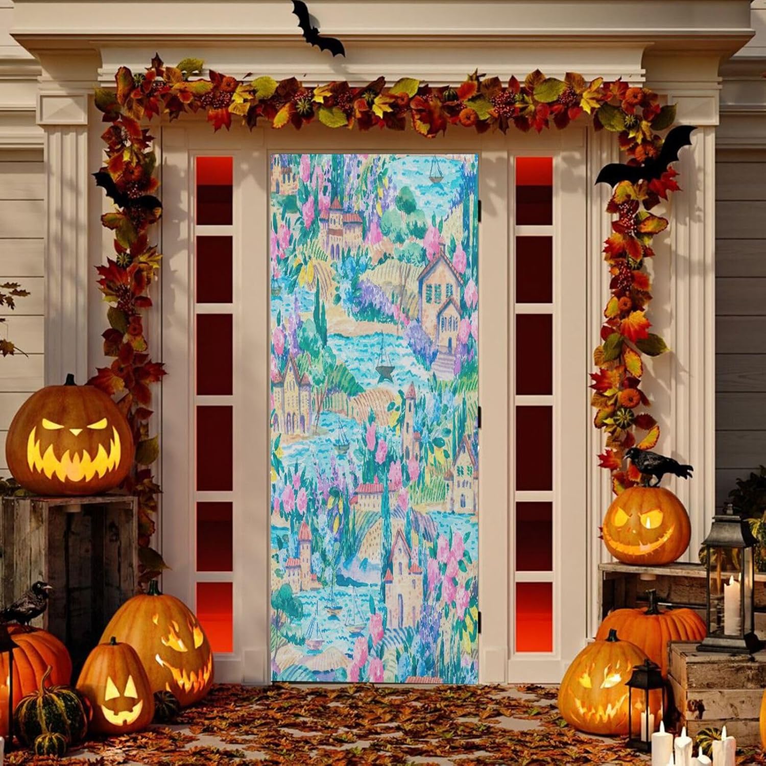 Susiyo Blue Watercolor Halloween Door Cover Stretch Fabric