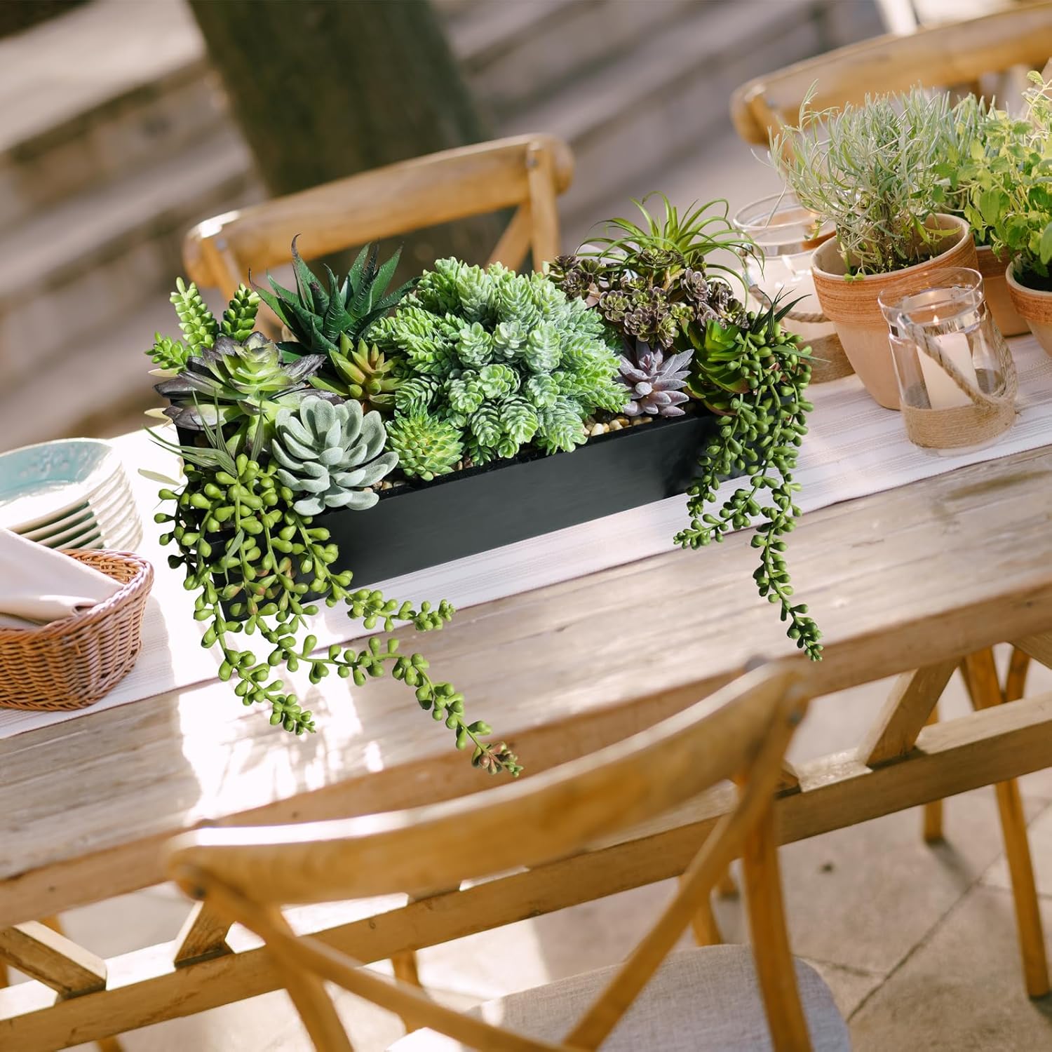 Winlyn 15 Inch Artificial Succulent Arrangement in Rustic Black Wooden Planter