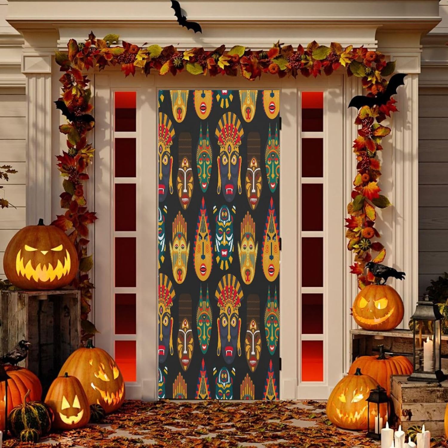 Susiyo Ethnic Masks Halloween Door Cover Stretch Fabric Door Decoration for Home Party