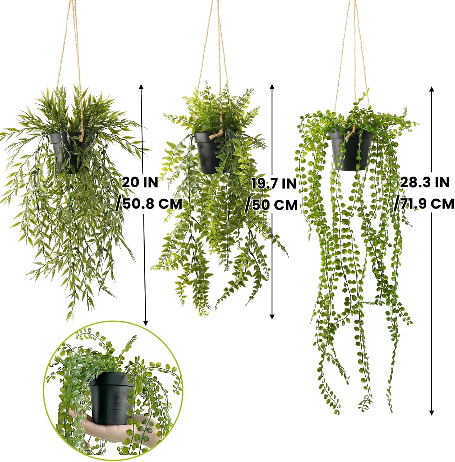 3 Packs Fake Hanging Plants with Pots and Twines for Wall Decor