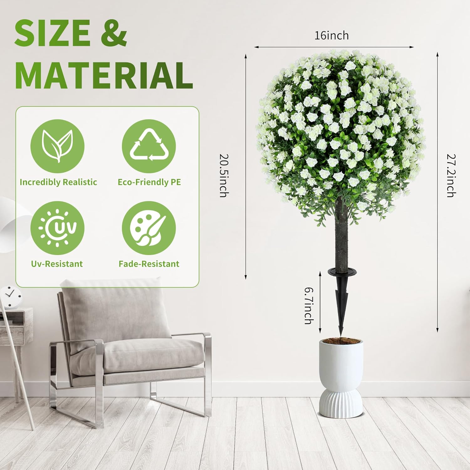 272 Inch Artificial White Rose Topiary Set of 2 with Spike