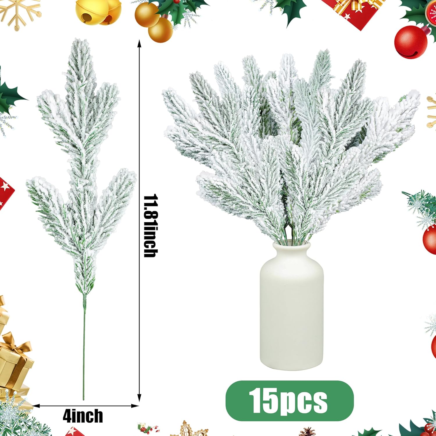 Peony Man Christmas Frosted Pine Branches 15 Pcs
