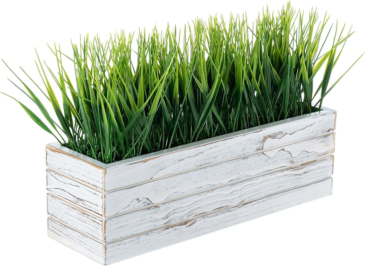 MyGift 14 Inch Artificial Grass in Shabby White Wood Planter