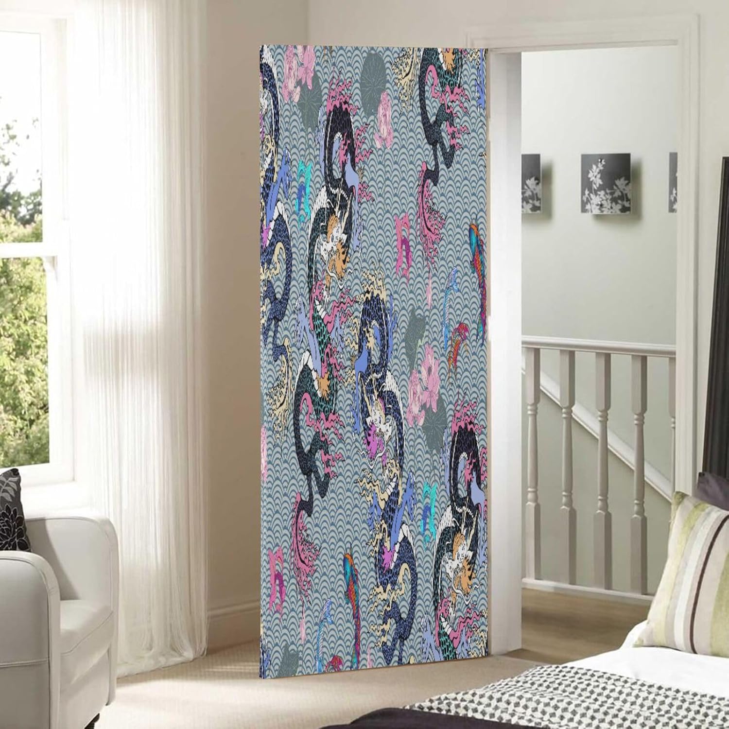 Susiyo Christmas Door Cover with Dragon and Flowers Stretch Fabric Backdrop for Home Holiday Decoration 32x79 in