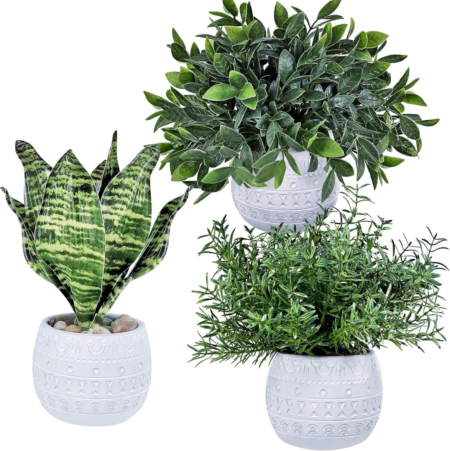 Winlyn 3-Piece Artificial Plant Set - Eucalyptus Rosemary Tropical Snake Plant with White Geometric Pots