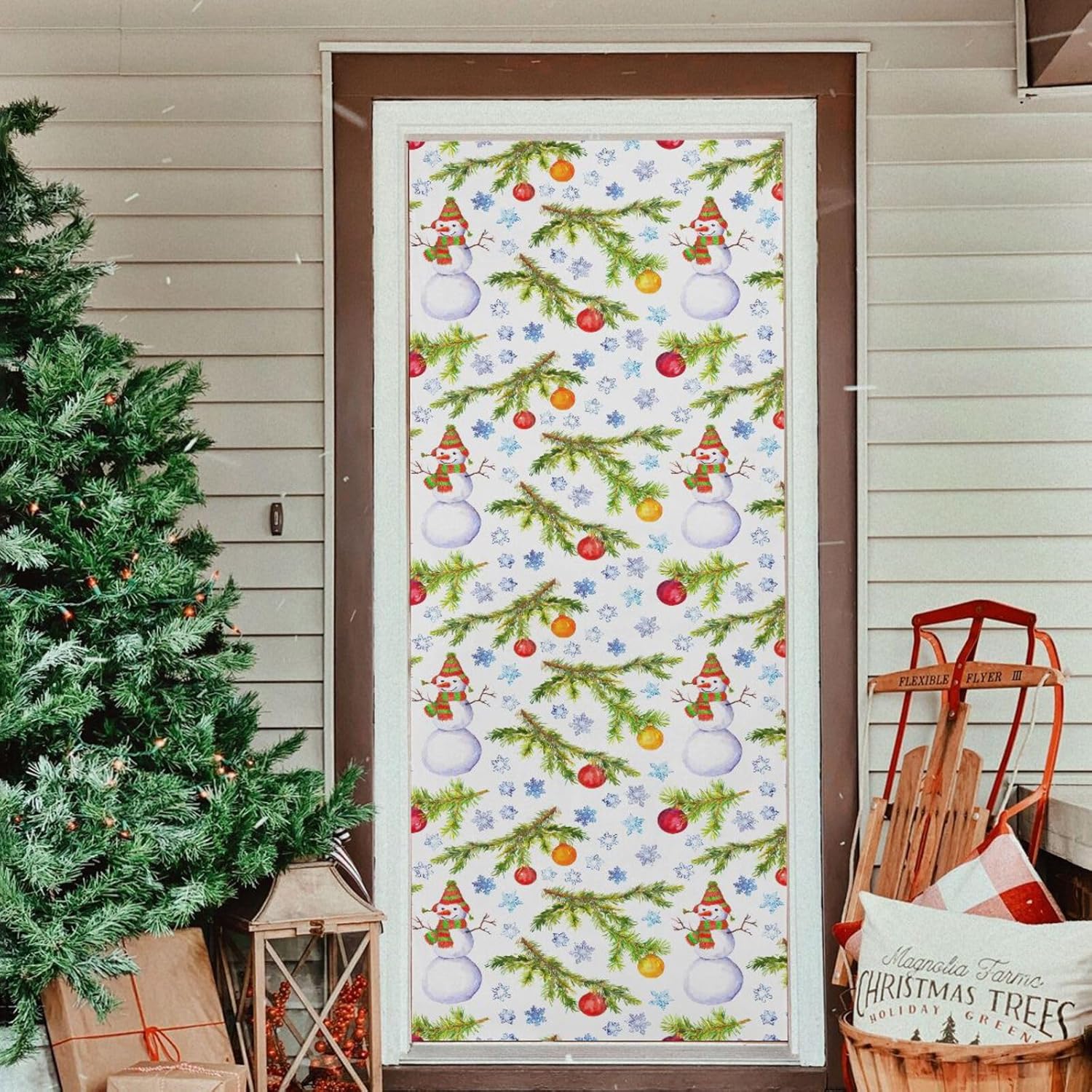 Susiyo Christmas Tree Branch Door Cover with Snowman Design Stretch Fabric 32x79 in