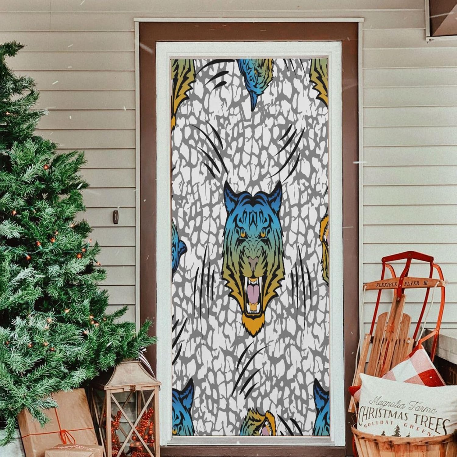Susiyo Blue Head Tiger Halloween Door Cover Stretch Fabric Decoration