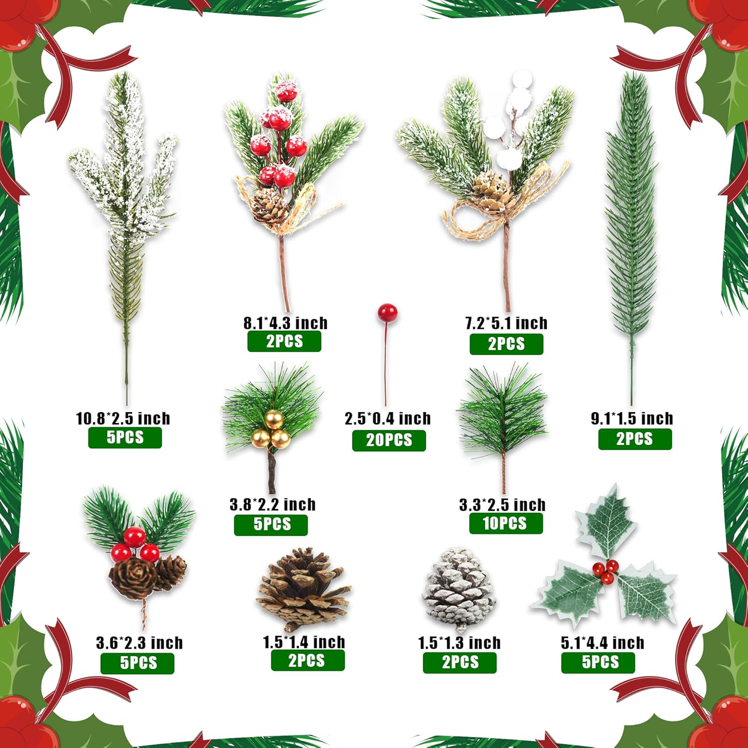 60 Pcs Artificial Green Pine Branches Set