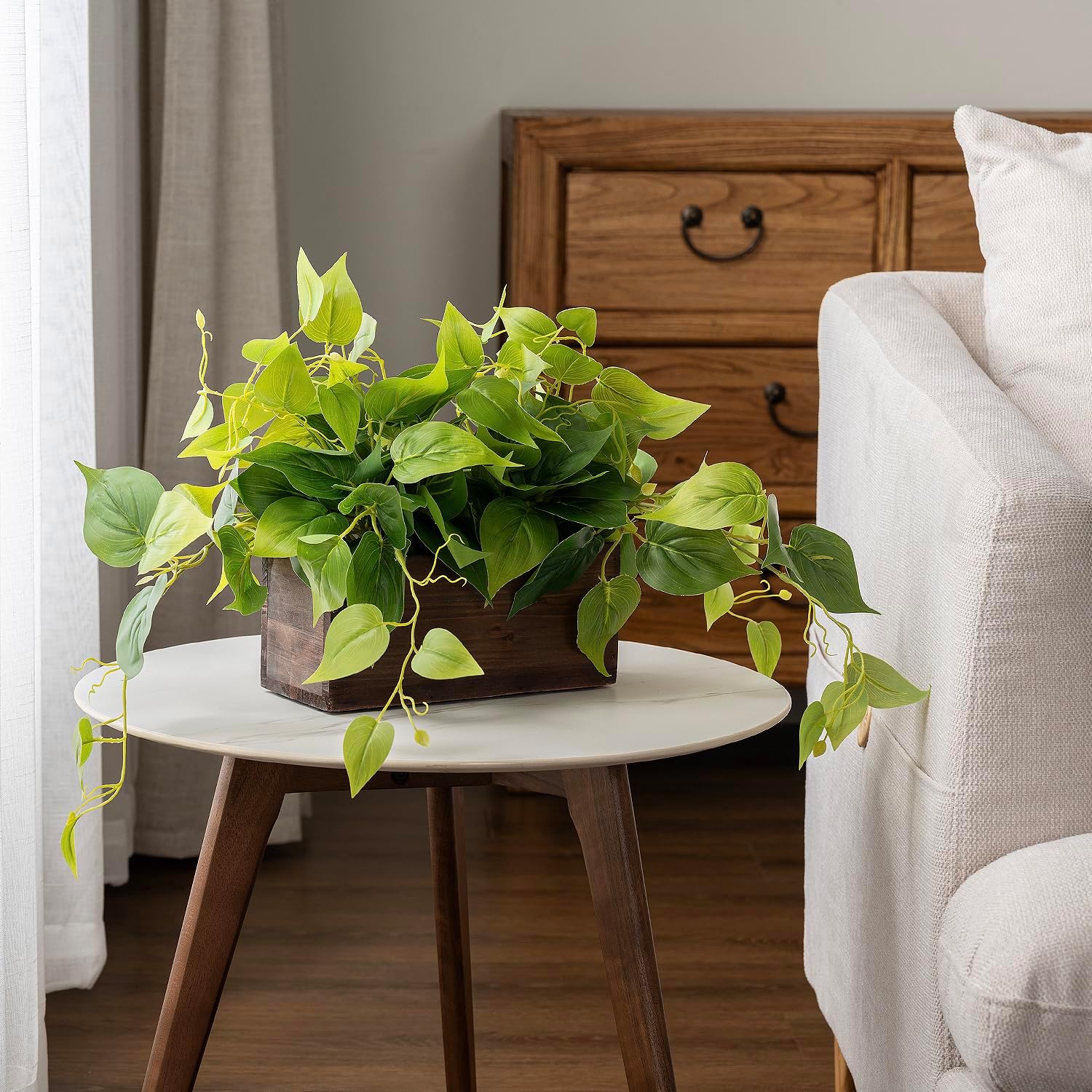 MyGift Vibrant Artificial Pothos Plant in Burnt Brown Wood Planter
