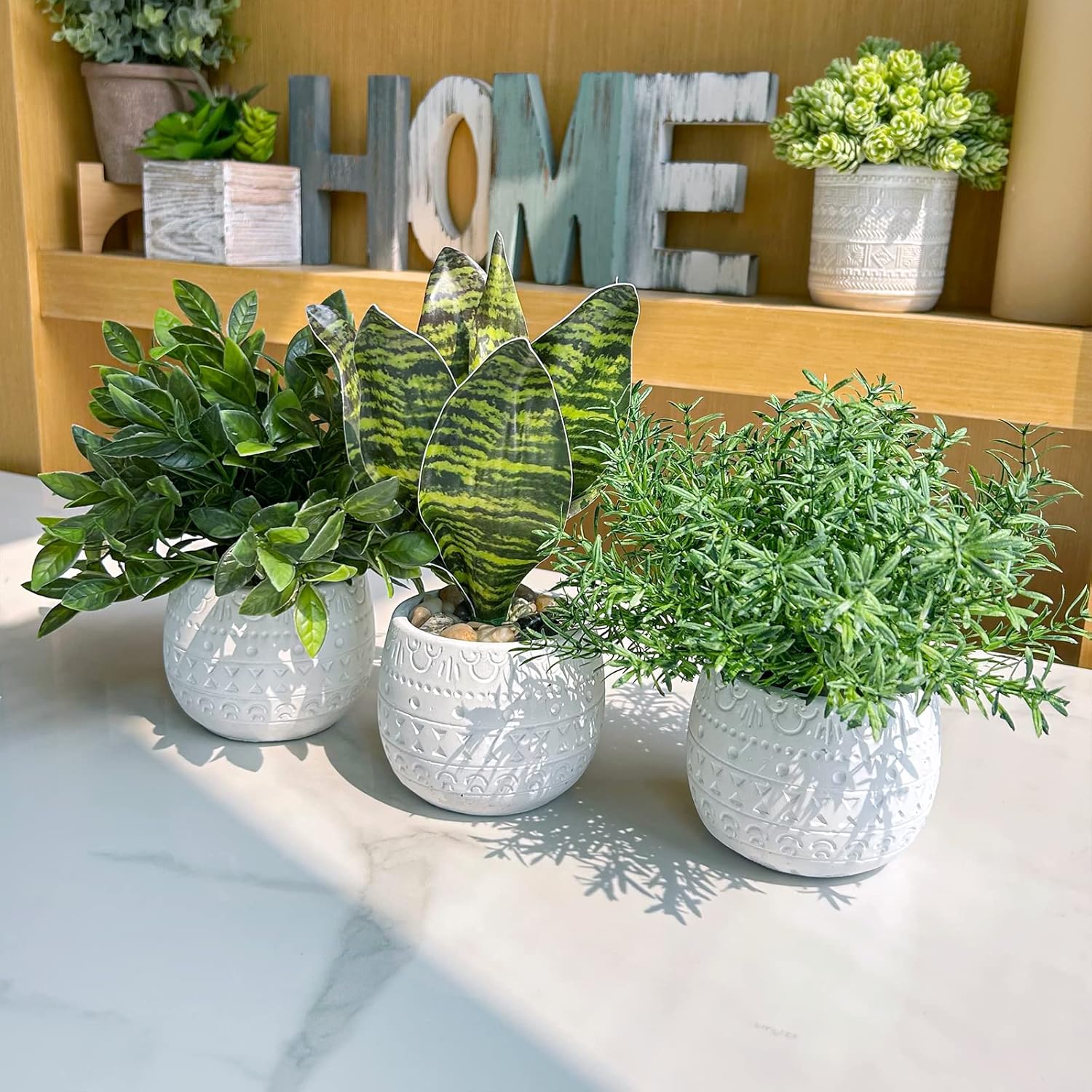 Winlyn 3-Piece Artificial Plant Set - Eucalyptus Rosemary Tropical Snake Plant with White Geometric Pots