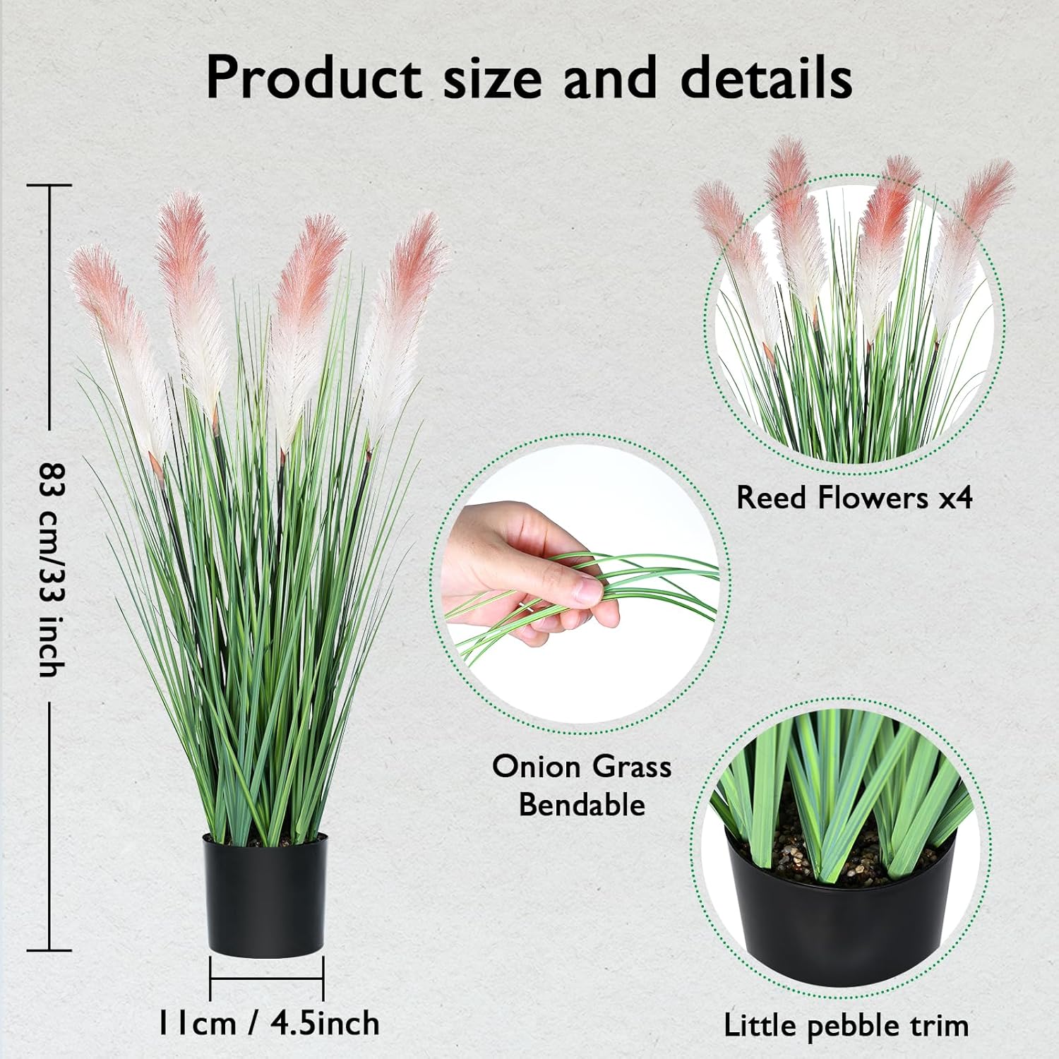 33 Inch Tall Artificial Reed Pampas Grass Plant with Black Pot Pink Beige