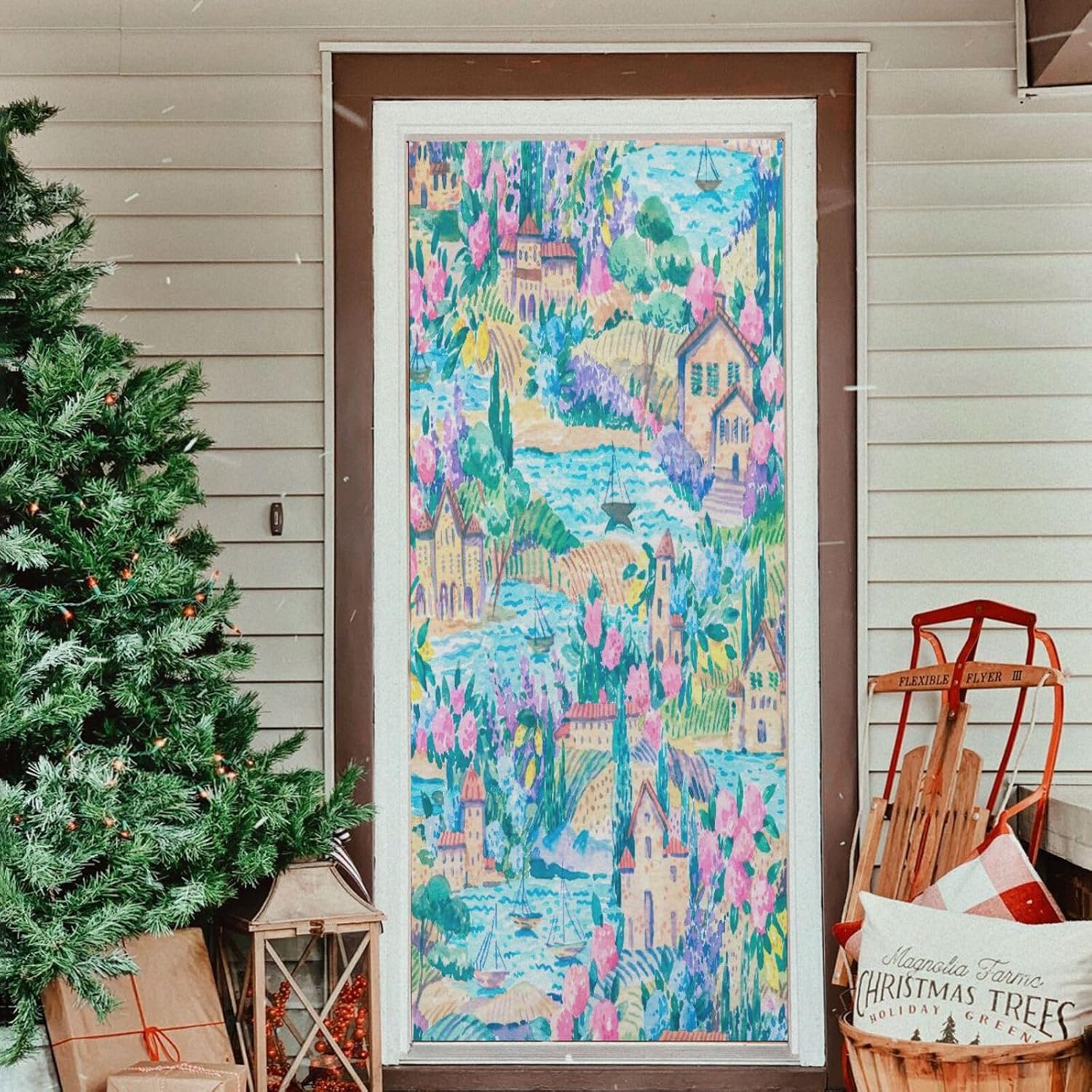 Susiyo Blue Watercolor Halloween Door Cover Stretch Fabric